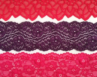 Red Purple Pink Stretch Lace Trim Double Edge Lace 7 cm / 2 6/8" Elastic Sewing Lace Lingerie Underwear Dress Making Headband Bra Making