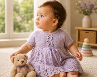 Patrón de punto para vestido de bebé, talla de pecho 45-48 cm, largo y corto - Descarga instantánea en PDF en inglés