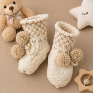 May include: A pair of cream and beige knit baby booties featuring a checkered pattern on the upper cuff, a ribbed top edge, and two decorative pom-poms attached to the side of each bootie with matching knit ties for a textured appearance.