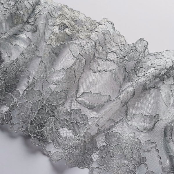 Silver Grey Lace Trim 16.5 cm / 6 1/2" Silver Shiny Grey Wide Bra Underwear Sewing Lace Floral Lingerie Lace with Roses