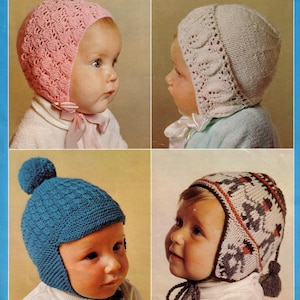May include: Four baby bonnets in various styles and colors. A pink bonnet with a lace pattern and a bow, a white bonnet with a scalloped edge, a blue knit cap with a pom-pom, and a patterned bonnet with ear flaps.
