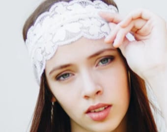 White Lace Wedding Headband Stretch Floral Bridal Hairband Hair Band Bandana Stretchy Wide Headband Vintage Style Hair Accessories