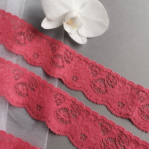 Pink Stretch Lace Trim 40mm | 1 1/2&quot; Narrow Scalloped Elastic Sewing Lace Lingerie Underwear Bra Making Headband
