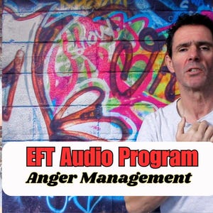 May include: A man demonstrates EFT tapping techniques for anger management. The image features a collage of six photos of the man tapping on different acupressure points on his face and body. The text "EFT Audio Program Anger Management" is displayed in red letters on a colorful graffiti background.