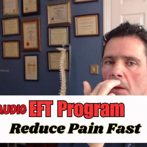 May include: A man is talking to the camera and gesturing with his hand. The text on the screen reads "Audio EFT Program Reduce Pain Fast".