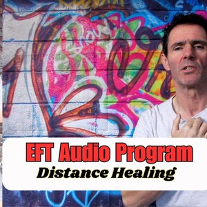 May include: A man demonstrates EFT tapping techniques in front of a colorful graffiti wall. The text "EFT Audio Program Distance Healing" is displayed below the image.