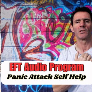 May include: A man demonstrates EFT (Emotional Freedom Techniques) for panic attack self-help. He is shown in multiple frames, tapping on different acupressure points on his face and body. The text "EFT Audio Program Panic Attack Self Help" is displayed in red letters on a colourful graffiti background.
