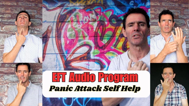 Peut inclure: Un homme d&eacute;montre l'EFT (Emotional Freedom Techniques) pour l'auto-assistance en cas d'attaque de panique. Il est montr&eacute; dans plusieurs images, en tapant sur diff&eacute;rents points d'acupression sur son visage et son corps. Le texte "EFT Audio Program Panic Attack Self Help" est affich&eacute; en lettres rouges sur un fond de graffiti color&eacute;.