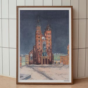 Krakow Poland Travel Poster | St. Mary&#39;s Basilica Wall Art Print | Cityscape Painting | European City Wall Decor | Krakow Architecture Gift
