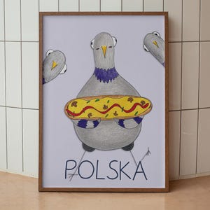 Polish Food Wall Art Print, Zapiekanka Poster Kitchen Decor, Hand Drawn Art, Trendy Wall Art, Pigeon Print