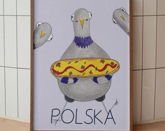 Polish Food Wall Art Print, Zapiekanka Poster Kitchen Decor, Hand Drawn Art, Trendy Wall Art, Pigeon Print