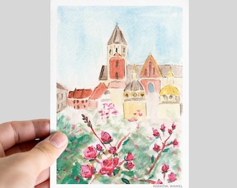 Postal de Cracovia / Postal de acuarela polaca / Recuerdo del Castillo de Wawel / Regalo de viaje a Polonia / Lámina de arte mural A6