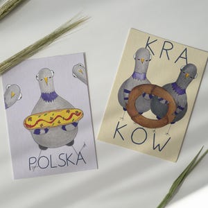 Polnische Reise Souvenir Postkarten, 2-er Set Krakau Drucke, handgezeichnete Zapiekanka & Tauben Kunst, Polen Souvenir