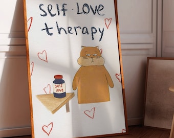 Self-Love Therapy Cat Poster, Cute Affirmation Wall Art, Gift for Cat Lovers, Positive Self-Care Print, Home & Office Decor
