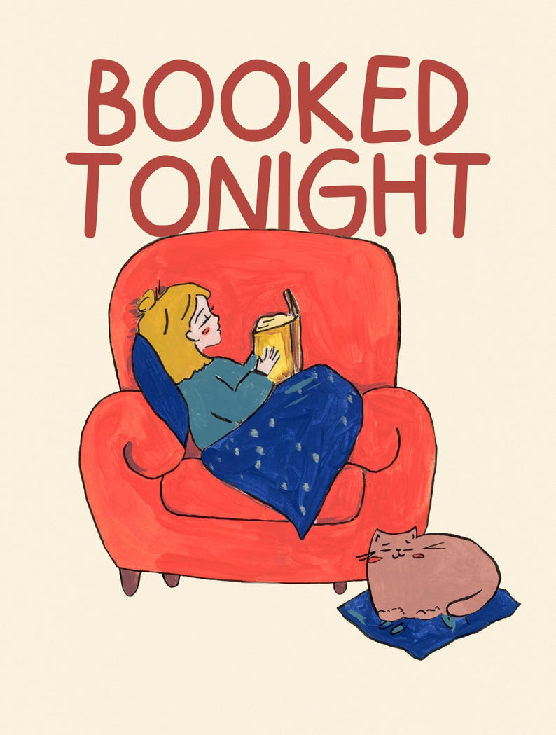 Puede incluir: Ilustraci&oacute;n de una persona leyendo un libro en un sill&oacute;n rojo, cubierta con una manta azul. Un gato descansa sobre una almohada azul cerca. El texto "BOOKED TONIGHT" est&aacute; escrito encima de la persona.