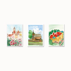 Postkaartenset van 3 Polen | Poolse monumentale kunst | Krakau, Wiśnicz-kasteel, kerk van Dębno | Polska-gezichten, reissouvenir, aquarelkunstdruk