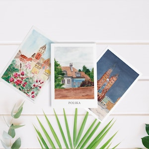 Conjunto de 3 cartões postais de Cracóvia, arte de viagem da Polônia, impressão em aquarela de Cracóvia, presente de cartão postal polonês, lembrança artesanal da Polônia