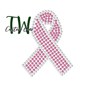May include: A pink ribbon design, embellished with rhinestones, on a white background. The ribbon is a symbol of awareness. The text "TW Custom Gear" is in green and black cursive font.