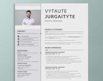 May include: A resume for Vytaute Jurgaityte, a digital marketer. The resume includes contact information, education, and work experience. The work experience section highlights Vytaute's experience as a Marketing Project Manager at UAB, Gansa.