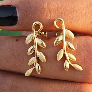 Leaf Branch Stud Earrings,  Minimalist Leaf Earrings, 14K Gold Leaf Stud Earrings, Olive Branch Leaf Earrings, Gold Leaf Branch Earrings