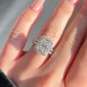 Halo Engagement Ring, Radiant Cut Moissanite Engagement Ring, Solid Gold Radiant Cut Ring, Halo Ring with Double Band, Wedding Anniversary