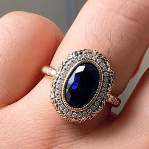 Lab Created Blue Sapphire Engagement Ring Art Deco Bridal Ring miligrain Wedding ring 14K Solid Gold Wedding Ring Promise Ring Gift For Her