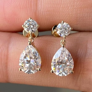 Pear Cut Moissanite Dangle Drop Earrings, Moissanite Gold Bridal Earrings, Pear Moissanite Drop Earrings, S925 Moissanite Women's Earrings