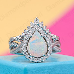 Opal Engagement Ring Set Pear Shaped Opal Ring White Gold Round Moissanite Cluster Wedding Ring Set Unique Anniversary Promise Bridal Ring