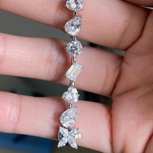 Multi Shape Colorless Moissanite Tennis Bracelet  Pear/Emerald/Heart/Round/Marquise Cut Moissanite Bracelet 14k White Gold Wedding Bracelet