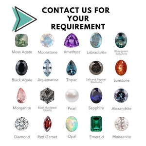 May include: A chart of different gemstones, including amethyst, aquamarine, black agate, blue-green sapphire, diamond, emerald, labradorite, morganite, moss agate, opal, pearl, red garnet, salt and pepper diamond, sapphire, sunstone, topaz, and moissanite.