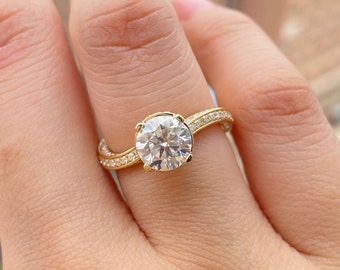 3CTW Moissanite Engagement Ring, 14K Gold Wedding Ring, Hidden Halo Ring For Women Promise Ring, Vintage Style Moissanite Ring, Gift For Her