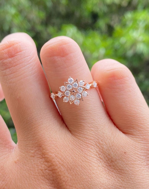 Moissanite Engagement Ring Snowflake Ring 14K Rose Gold Star Shaped Ring Snow Flower Wedding Ring Art Deco Bridal Ring Vintage Ring Etsy Ireland