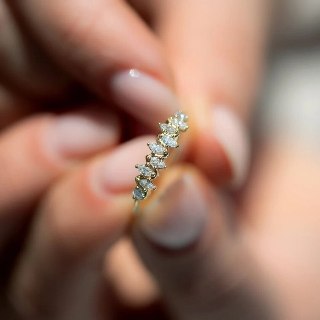 Marquise Cut Moissanite Wedding Band 14K Yellow Gold Anniversary Ring ...