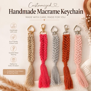 Custom Macrame Keychain, Personalized Color Keyring, Handmade Cotton Cord set of 5