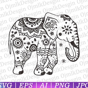 Olifant Svg, Olifant Mandala Svg, Bloemen Olifant Svg, Mandala Svg, Dierlijke Svg, Grappige Svg, Olifant Mandala SVG bestanden voor Silhouet
