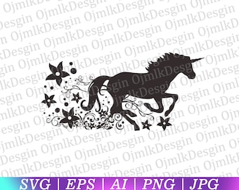 Puede incluir: Silueta negra de un unicornio corriendo por un campo de flores. El unicornio tiene un cuerno y una melena fluida. Las flores son estilizadas y tienen un toque caprichoso.