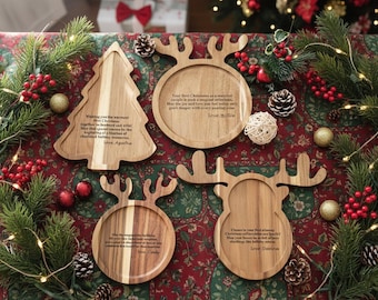 Bandeja navideña de madera, tabla para servir de madera de haya con forma de árbol y reno, plato para aperitivos festivos, regalo hecho a mano para el anfitrión.