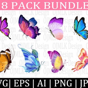 8 Pack Butterfly SVG, Butterfly Silhouette, Kleurrijke Butterfly Clipart, Monarch Butterfly, Vlinders Image Pack, Clipart, Instant Download