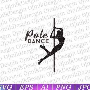 Puede incluir: Silueta en blanco y negro de una persona bailando en un poste con el texto "Pole Dance" arriba.