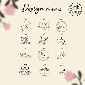 Puede incluir: Un men&uacute; de dise&ntilde;o con 12 opciones diferentes para sellos de boda. Cada opci&oacute;n presenta un dise&ntilde;o &uacute;nico con iniciales, nombres y fechas. Los dise&ntilde;os incluyen coronas de flores, s&iacute;mbolos de infinito, monta&ntilde;as y letras simples.