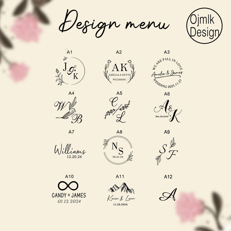 Puede incluir: Un men&uacute; de dise&ntilde;o con 12 opciones diferentes para sellos de boda. Cada opci&oacute;n presenta un dise&ntilde;o &uacute;nico con iniciales, nombres y fechas. Los dise&ntilde;os incluyen coronas de flores, s&iacute;mbolos de infinito, monta&ntilde;as y letras simples.