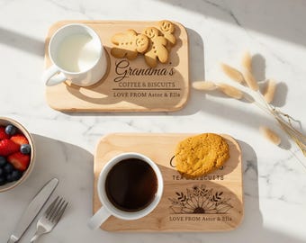 Tabla de té y galletas personalizada, bandeja de madera grabada para dulces, regalo personalizado para abuela, mamá o niñera, regalo de cumpleaños o del Día de la Madre.