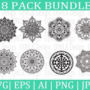 Puede incluir: Un conjunto de ocho diseños de mandalas en blanco y negro. Los diseños son intrincados y detallados, con una variedad de patrones geométricos. Los diseños son perfectos para usar en manualidades, decoración del hogar o como descargas digitales.