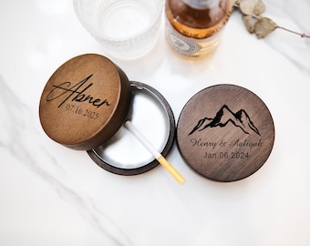 Cenicero retro de madera personalizado con tapa, regalo artesanal personalizado para padrinos de boda, recuerdo de la fiesta de bodas, regalo único para novio o papá.