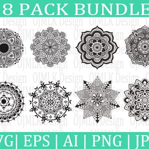 Puede incluir: Un conjunto de ocho diseños de mandalas en blanco y negro. Los diseños son intrincados y detallados, y serían perfectos para usar en una variedad de manualidades y proyectos. Los diseños están disponibles en formatos SVG, EPS, AI, PNG y JPG.