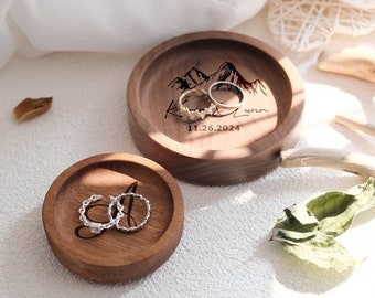 Aangepaste ronde houten ringschotel, gepersonaliseerde trouwringschotel, verlovingsringhouder, jubileumgeschenken, huwelijksgeschenk, geschenken voor pasgetrouwde