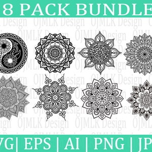 Puede incluir: Un conjunto de ocho diseños de mandalas en blanco y negro, incluyendo un símbolo yin yang. Los diseños son intrincados y detallados, con una variedad de formas y patrones. El texto "8 PACK BUNDLE" está en la parte superior de la imagen. El texto "SVG | EPS | AI | PNG | JPG" está en la parte inferior de la imagen.