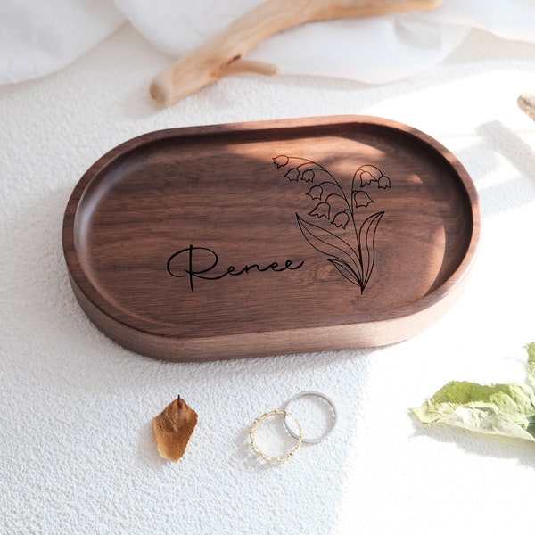 Custom Oval Wood Ring Dish,Birth Month Flower Ring Dish,Personalized Wedding Ring Dish,Engagement Ring Holder,Anniversary Gifts,Wedding Gift