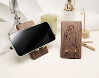 Soporte personalizado para teléfono de madera maciza con flor de nacimiento, soporte de madera de nogal hecho a mano, soporte minimalista para teléfono de madera maciza, regalo personalizado