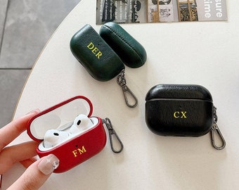 Etui pour AirPods 1/2/3 en cuir d'agneau avec nom initial personnalisé, étui esthétique en cuir de luxe personnalisé monogramme Apple Airpods Pro 2/1